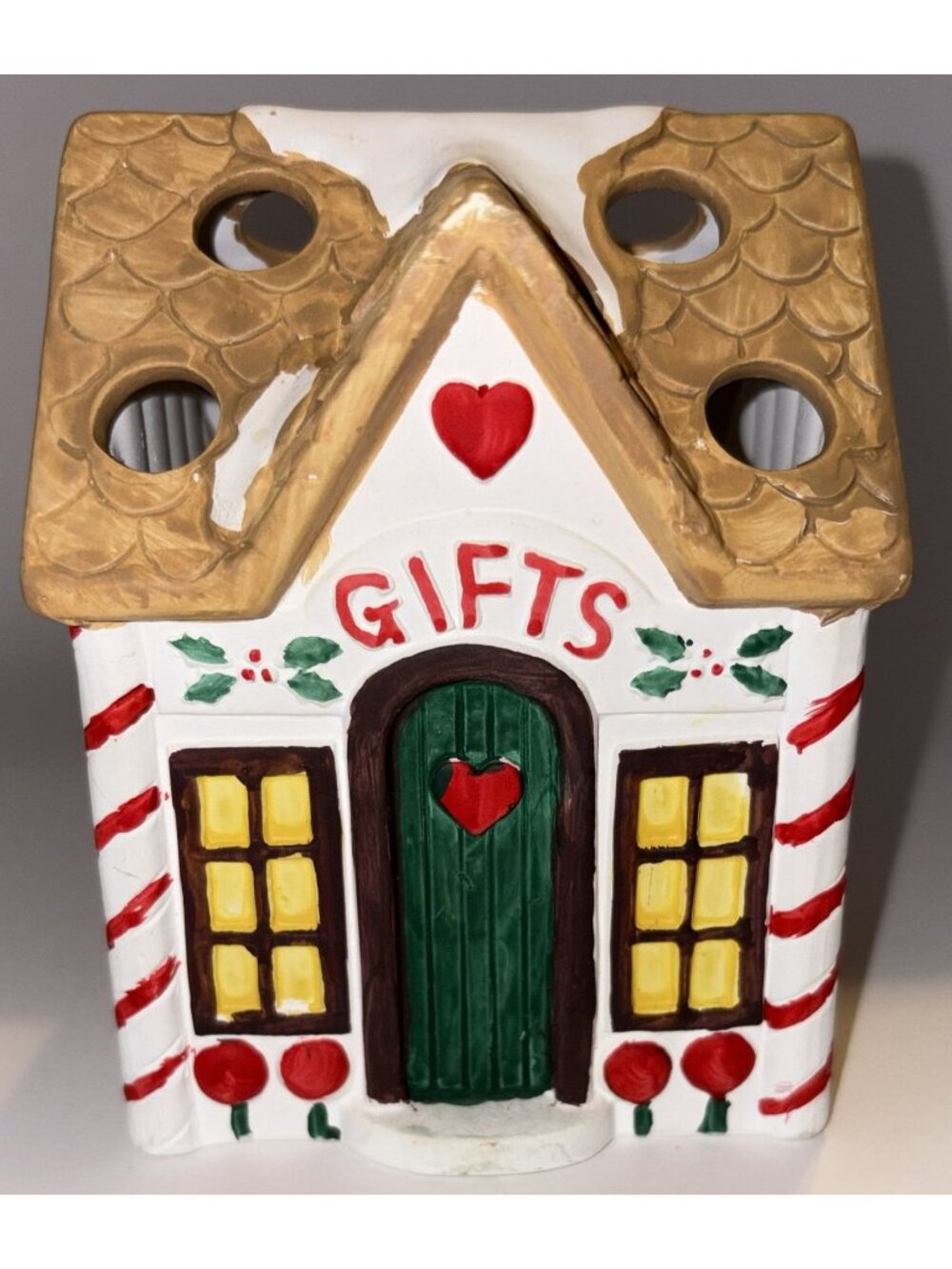 Vintage Ceramic Christmas Village "Gifts" House Candy Holder Hand-Painted Decor